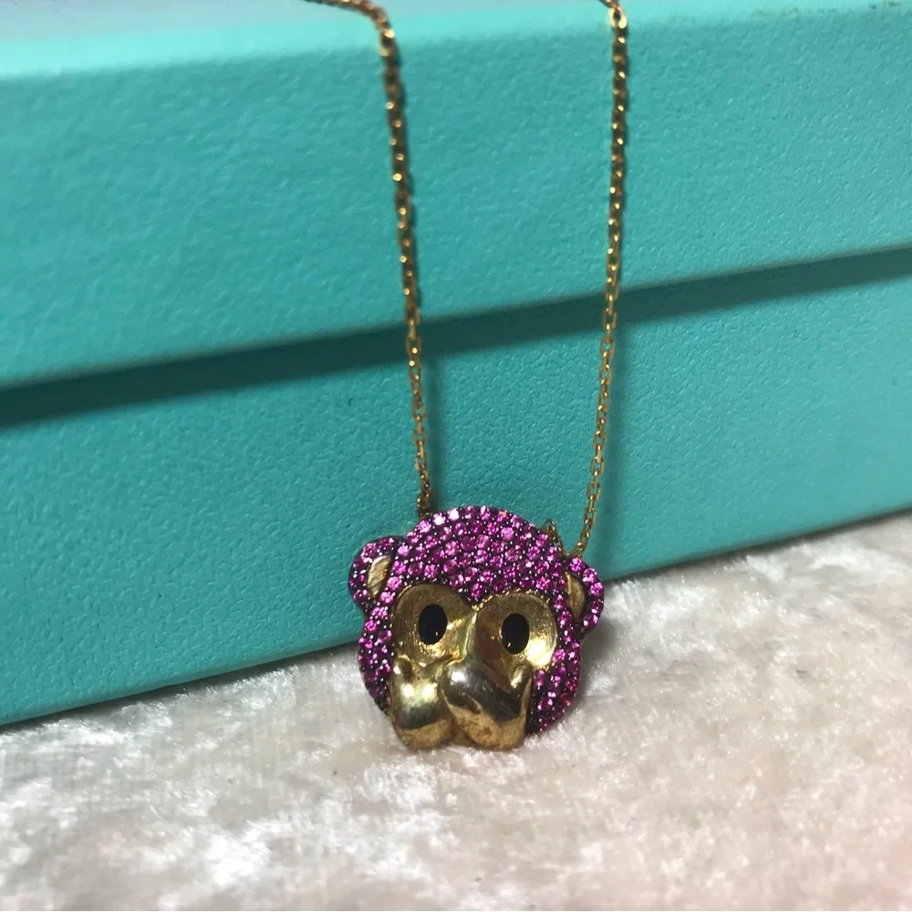FREE Gabi Rielle Pink Rhinstones Sparkly Glam Cute Monkey Speak No Evil Necklace - Picture 3 of 9